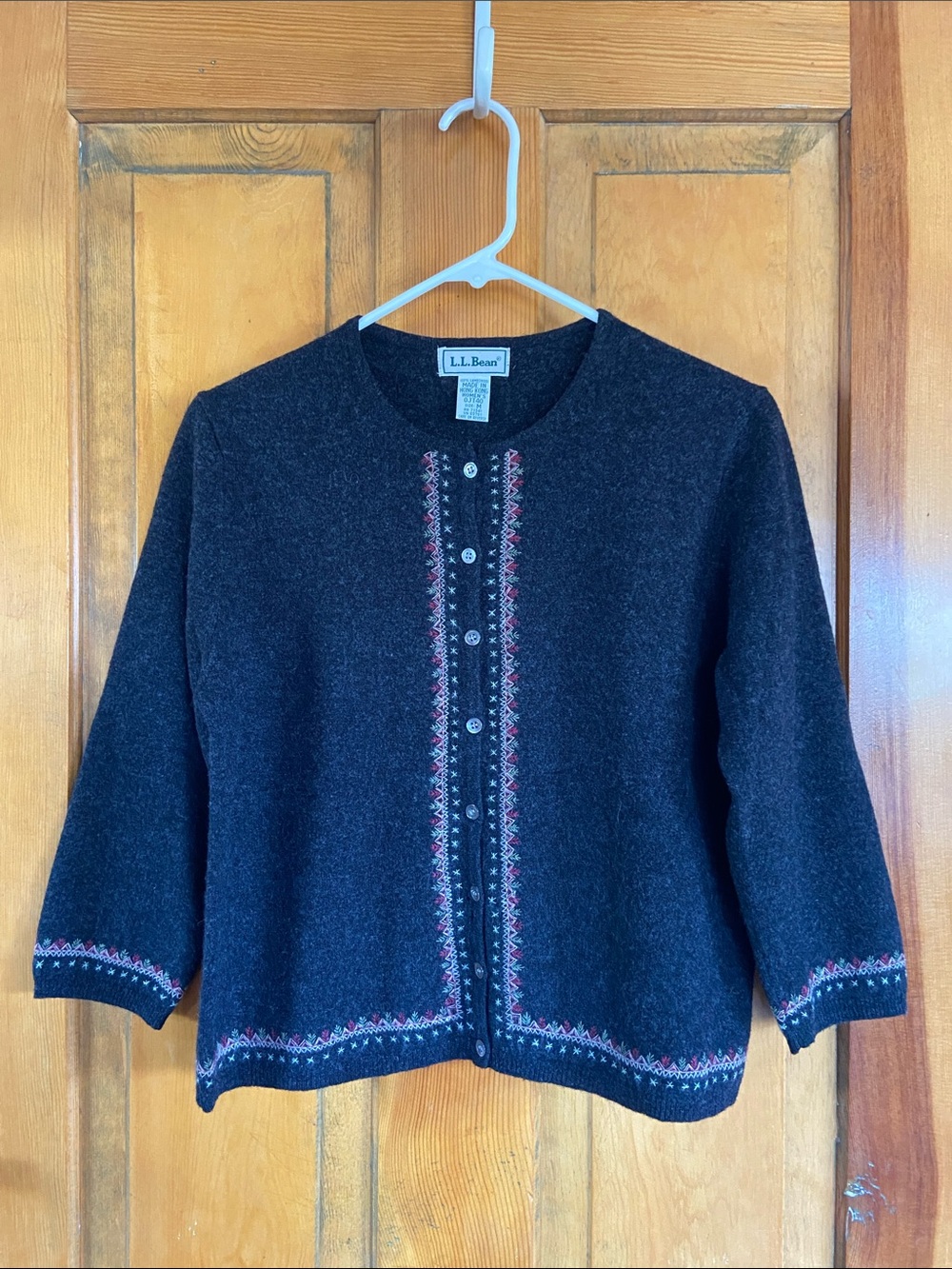 L.L. Bean Charcoal Lambswool Cardigan with Pink and Cream Embroidered Trim